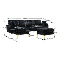 Convertible L-Shaped Sectional Sofa with Movable Ottoman, Upholstered Accent Sofa with 2 Pillows and Golden Metal Legs, Modular Sectional Couch Sets for Living Room Office Apartment, Black