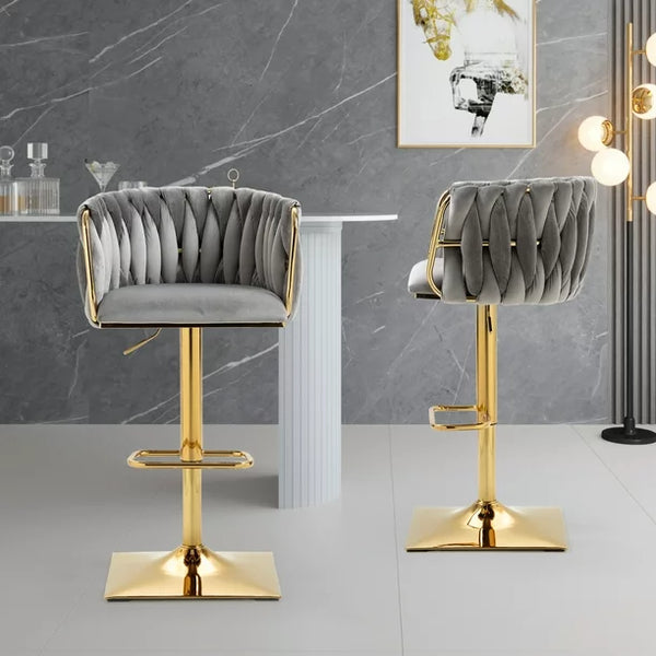 Velvet Bar Stools Set of 2, Swivel Woven Modern Adjustable Gold Bar Stools, Swivel Counter Height Barstools with Backs Gold Metal Tall Kitchen Chairs for Home Bar Dining Room Kitchen Island, Gray