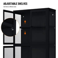 Metal Storage Cabinet, 59" Tall Kitchen Pantry Cabinet Glass Display Cabinet with Adjustable Shelves and Feet, Freestanding Bookcase for Home Office Living Room Study Room, Black