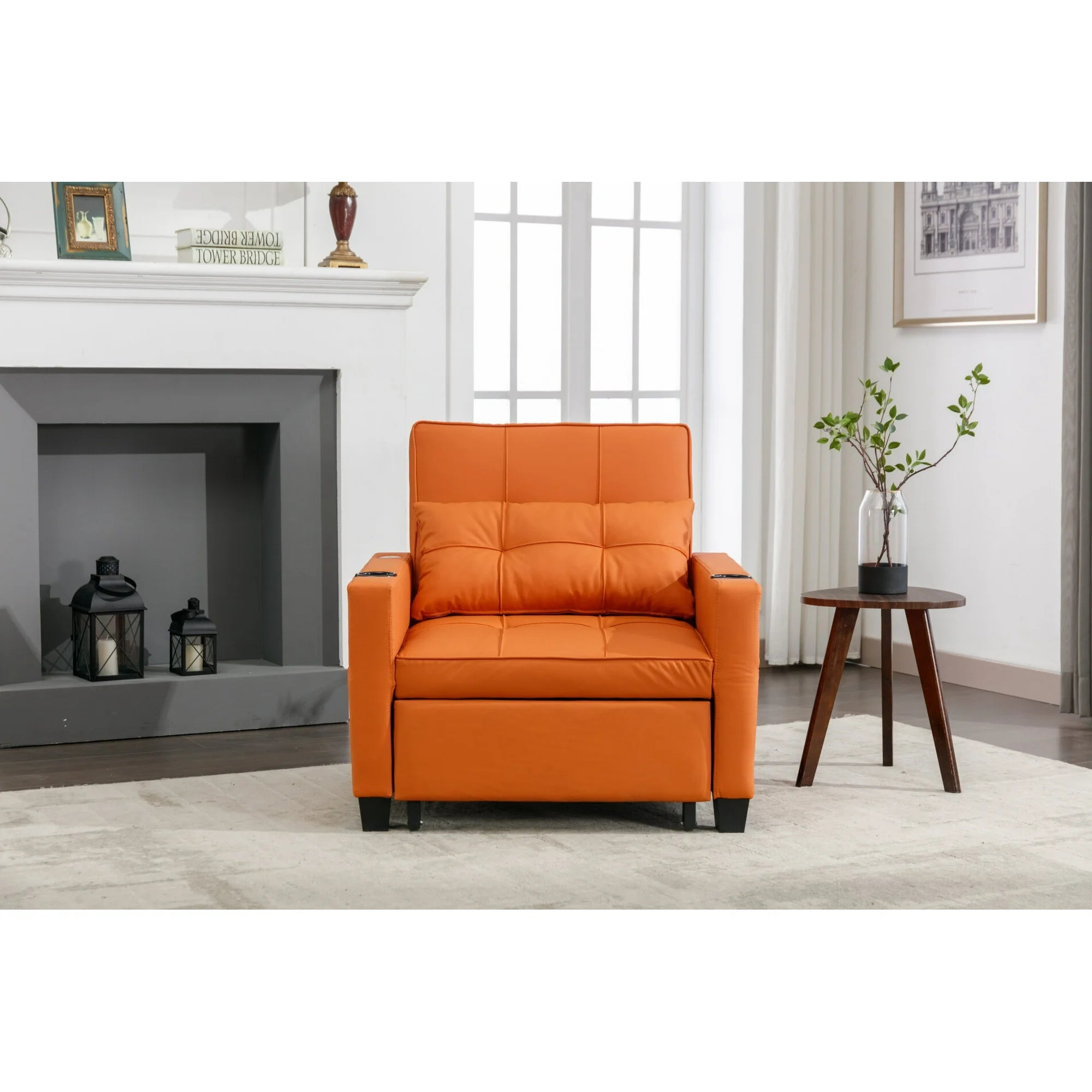 3 in 1 Convertible Chair Bed, Pull Out Folding Lounger Sleeper Chair Bed, Fabric Sofa Bed Sleeper Armchair with USB Ports & Pillow, Adjustable Futon Sleeper Couch Bed for Living Room, (Orange Leather)