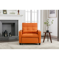 3 in 1 Convertible Chair Bed, Pull Out Folding Lounger Sleeper Chair Bed, Fabric Sofa Bed Sleeper Armchair with USB Ports & Pillow, Adjustable Futon Sleeper Couch Bed for Living Room, (Orange Leather)