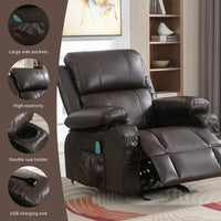 Manual Recliner Chair with Massage and Heating for Adults,Oversized Rocking Chair with 2 Cup Holders and USB Charge Port,Brown