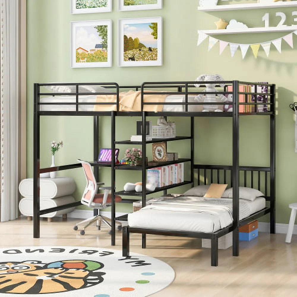 Full Over Twin Metal Bunk Bed, L Shaped Loft Bed Frame with Built-in Desk, Shelves and Ladder, Bunk Bed with Desk, Full Over Twin Bunk Bed, Twin Over Full Bunk Beds (Black)