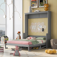 Queen Size Murphy Bed with Shelf, Solid Wood Mobile Murphy Chest Bed Cube Cabinet Bed, Murphy Platform Bed for Guest Room Home Office, Gray