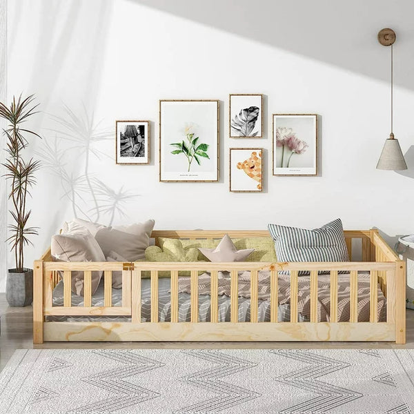 Triple Tree Montessori Twin Bed, for Toddler with Fence and Wood Slats, Natural