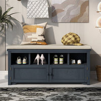 3-Tier Two-Door Shoe Storage Bench, Shoe Rack with Linen Upholstered Top Cushion, Pine Wood Frame, Large Space Cabinets for Entryway Hallway, Antique Navy