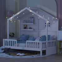 Twin Size House Bed with 2 Shelves, Wooden House Daybed with Window and Sparkling Light Strip on The Roof, Kids Montessori Bed Platform Bed Frame with Slats Support, No Spring Box Needed, White