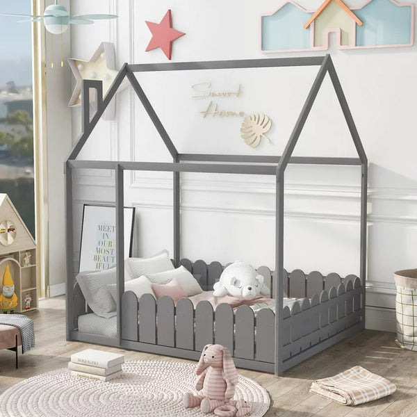 Full Size House Bed for Kids Boys Girls, Wood Floor Bed Frame with Roof and Fence, Box Spring Needed, Gray 78''L x 56.4''W x 68.6''H