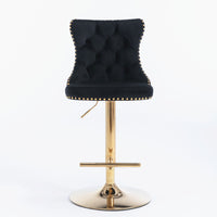 Swivel Bar Stools Set of 2, Adjustable Counter Height Barstools with Button Tufted Back and Golden Footrest, Velvet Nailheads Trim Bar Chairs for Dining Room Bar Kitchen Pub, Black