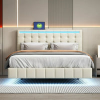 Queen Bed Frame with Led Lights,Upholstered Platform Bed Frame with USB Charging and Headboard, PU Floating Bed Frame for Living Room, Strong Wood Slat Support,No Box Spring Needed,Beige
