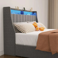 Full Size Platform Bed with LED,Linen Fabric Upholstery Platform Bed Frame with Wings Storage Headboard Design and 4 Drawers,Light Grey