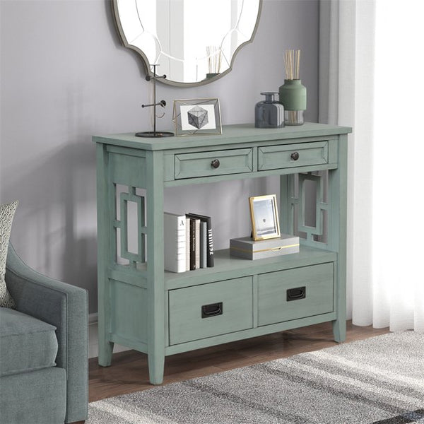 36'' Farmhouse Console Table, Narrow Entryway Sofa Table Buffet Sideboard with 4 Drawers and 1 Storage Shelf, Accent Storage Cabinet with Solid Wood Legs for Living Room Hallway, Easy Assembly, Green