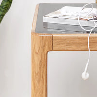 Wood End Table, Natural Oak Wood Bedside Table with Tempered Glass, Modern Nightstand with Storage Shelf for Living Room, Dinning Room, Bedroom