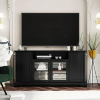 TV Stand for TV up to 65in, 59.8" Tall Entertainment Center with 2 Tempered Glass Doors Adjustable Panels Open Style Cabinet, Modern Media Console Wood Television Stand for Living Room, Black