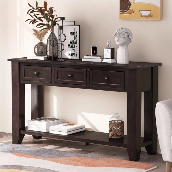 Console Table, 55" Narrow Buffet Sideboard with 3 Drawers and Bottom Shelf, Modern Farmhouse Entryway Sofa Table with Solid Wood Legs and Handles for Living Room, Kitchen, Hallway, Espresso