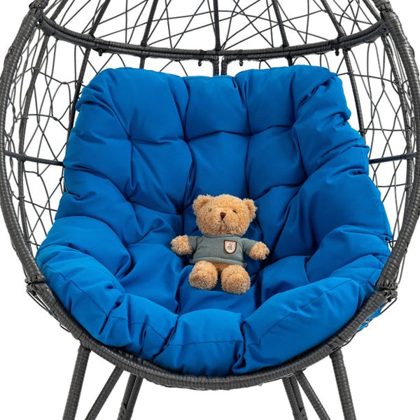 Outdoor Patio Wicker Egg Chair, Oversized Indoor Outdoor Lounger Chair with Comfy Cushion, Basket Wicker Chair for Patio, Backyard, Poolside, Living Room, Blue