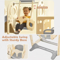 5-in-1 Slide and Swing Set, Toddler Slide Swing Set with Bus Play Structure, Freestanding Slide Set with Climber and Basketball Hoop, Toddler Playground Indoor Outdoor, Gray