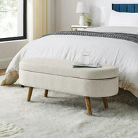 Oval Storage Ottoman Bench, 43.5" Linen Upholstered Storage Bench with Solid Wood Legs, Modern End of Bed Storage Bench Indoor Ottoman Bench with Storage for Living Room, Bedroom, Entryway, Beige