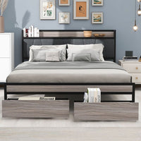 Metal Platform Bed with 2 Storage Drawers, Queen Size Platform Bed Frame with Upholstered Headboard, Sockets and USB Ports, Bedroom Mattress Foundation for Teens Adults, No Box Spring Needed, Black