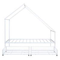 Metal Bed Frame, Twin Size House Bed with 2 Storage Drawers and Roof for Kids,Teens, Playhouse Design Bed Frame with Slats Support, No Box Spring Required, White
