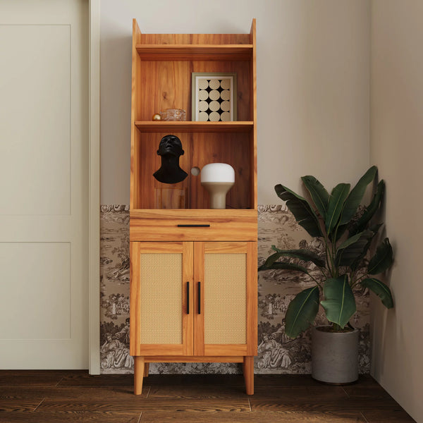 Bookshelf Display Case with Rattan Door and Drawer,Walnut Finish Narrow Bookcase with Open Storage Shelves,Book Shelf for Living Room Bedroom Home Office Kitchen,Oak