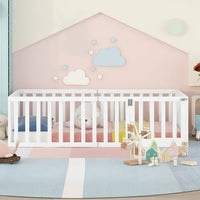 Full Size Floor Bed for Kids, Wood Full Montessori Bed Frame with Fence Guardrails and & Support Slats, Full Playhouse Bed with Door Design, Kids Fence Bed Playpen Bed for Boys ,Girls, White