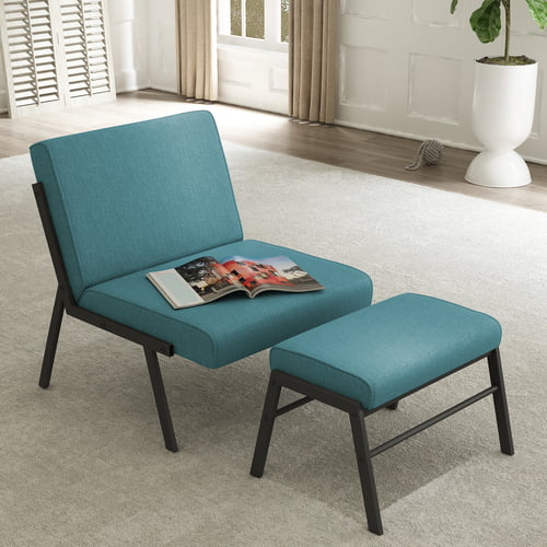 Fabric Accent Chair with Ottoman, Modern Upholstered Armless Chair with Footrest and Wood Legs, Linen Sofa Chair with Ottoman Footstool for Bedroom, Living Room, Office