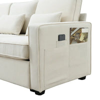 114.2" Upholstered 4-Seat Sofa Couch with Console Table, Storage and Charging Function, Modern Linen Oversized Deep Couch, Comfy Sofa Couch for Living Room, Office, Beige