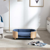 Modern Elevated Dog Cat Bed Pet Sofa with Solid Wood Legs and Bent Wood Back, Velvet Cushion, Sofa-Style Pet Beds for Small/Medium/Large Dogs & Cats, for Indoor, Small Size, Dark Blue