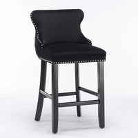 Set of 2 Contemporary Velvet Upholstered Wing-Back Barstools with Wooden Legs, Bar Chairs with Chrome Nailhead Trim and Button Tufted Decoration, Bar Stools for Kitchen Island Dining Room Pub, Black