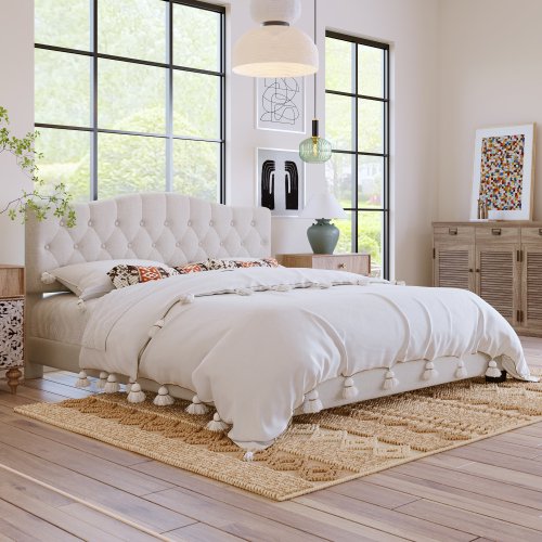 King Bed Frame, Elegant Linen Upholstered King Size Platform Bed Frame with Curved Headboard and Diamond Tufted, Low King Bed Frames for Teens Adults, No Box Spring Needed, Beige