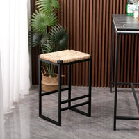 Set of 2 Industrial Bar Stools, Water Hyacinth Woven Bar Stools, Hyacinth Grass Backless Barstools with Footrest Kitchen Dining Chairs for Bar Living Room