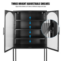 Sideboard Buffet, Fluted Glass Cabinet with Adjustable Shelves and Open Bottom Shelf, Kitchen Cupboard Storage Cabinet with 2 Glass Doors, Tall Freestanding Display Cabinet for Living Room, Black