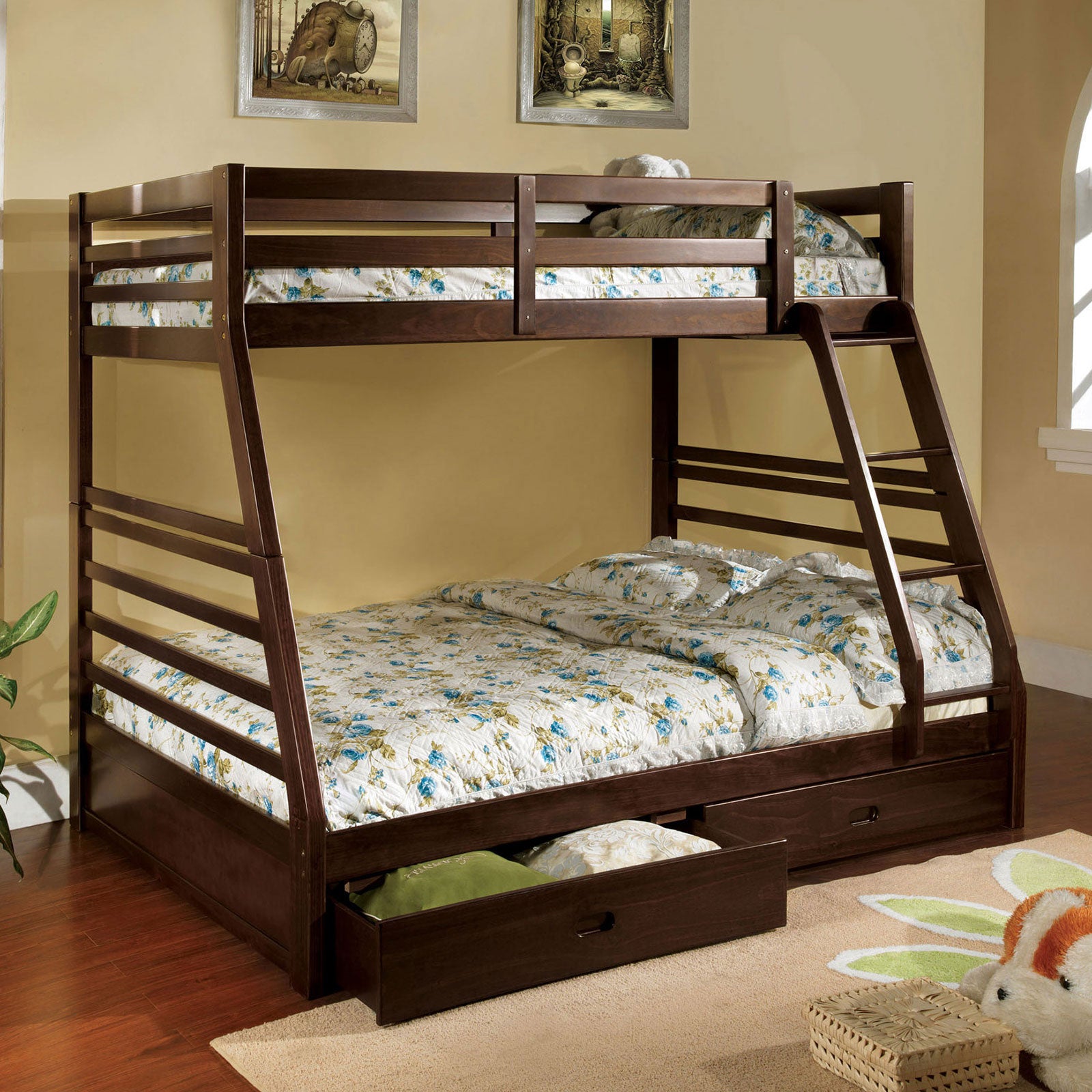 Triple Tree Modern Transitional Bunk Bed Twin Over Full With Attached Ladder And Two Large Drawers For storage Made Of Solid Wood Dark Walnut