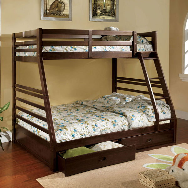 Triple Tree Modern Transitional Bunk Bed Twin Over Full With Attached Ladder And Two Large Drawers For storage Made Of Solid Wood Dark Walnut