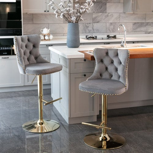 Upholstered Velvet Swivel Bar Stool Set of 2, Button Tufted 25"-33" Adjustable Hight Armless Chairs with Footrest&Backrest, Counter Height Bar Stools for Kitchen Dining Room Kitchen Bar Cafe