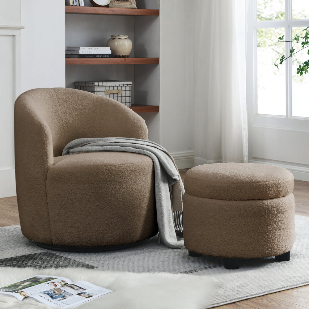Swivel Barrel Chair with Round Storage Chair, Swivel Accent Chairs for Living Room with Ottoman/Footrest, 360 ° Swivel Club Chairs, Upholstered Teddy Modern Armchair for Bedroom, Office, Hotel, Coffee