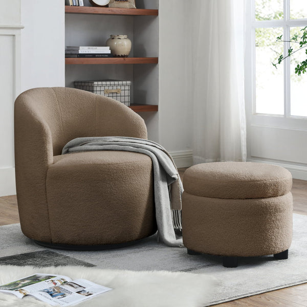 Swivel Barrel Chair with Round Storage Chair, Swivel Accent Chairs for Living Room with Ottoman/Footrest, 360 ° Swivel Club Chairs, Upholstered Teddy Modern Armchair for Bedroom, Office, Hotel, Coffee