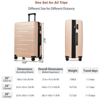 Luggage 3 Piece Set Suitcase, Expandable Lightweight Hard Shell Travel Suitcase with Spinner Wheels and TSA Lock, Carry On Luggage Suitcase with Adjustable Telescoping Handle, Champagne