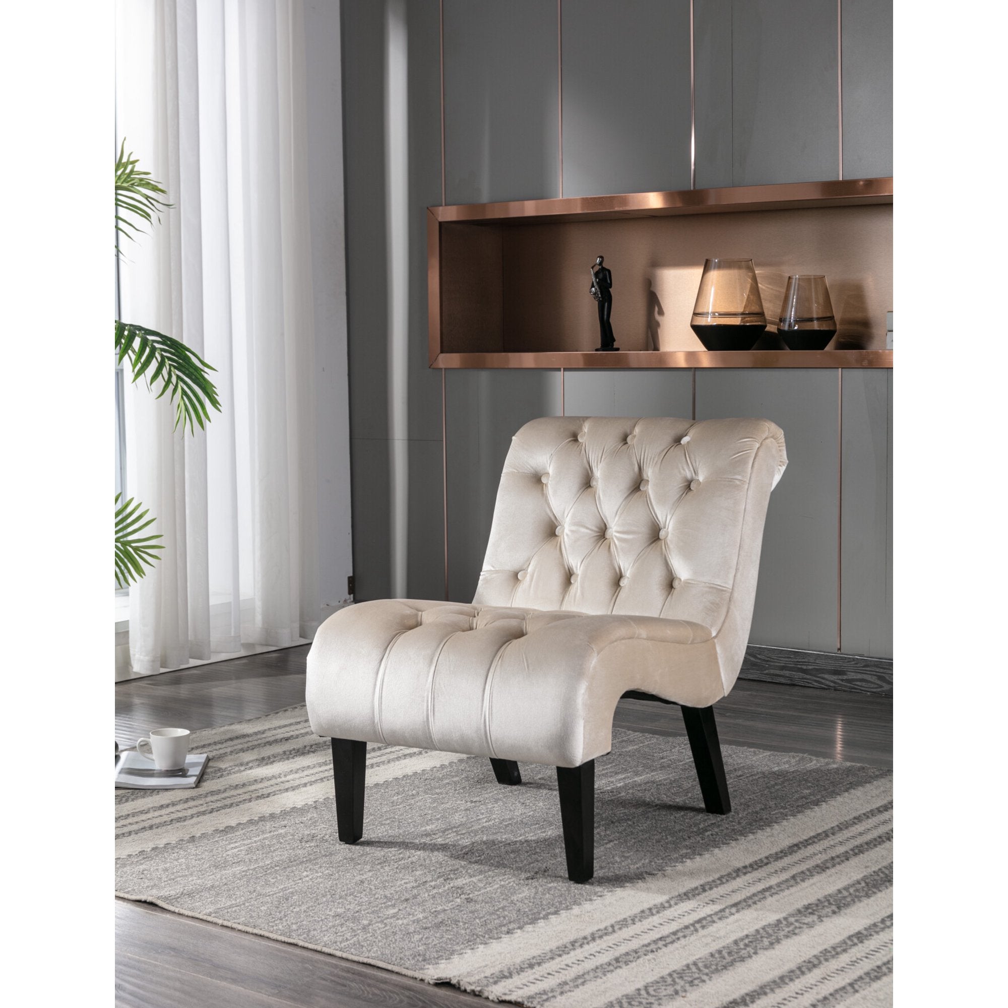 Accent Tufted Armless Chaise Lounge, Leisure Reclining Chair with Wood Legs, Modern Lounge Sofa, for Indoor Home Living Room Bedroom, Beige