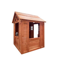 Wooden Kids Playhouse, Backyard Modern Outdoor Wooden Playhouse, Cottage, Stove, Windows, 2 windows and flowerpot holder, 42" L x 46" W x 55" H, Golden Red