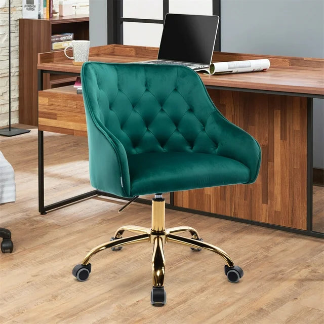 Swivel Shell Office Chair,Velvet Tufted Upholstered Desk Chair with Metal Star Base and Tufted Back,Vanity Chair, Height Adjustable Shell Shape Computer Armchair for Living Room Bedroom Office,Green