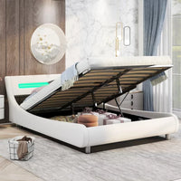 Full Upholstered Led Bed Frame Wave Like Low Profile, Platform Bed Frame with Underneath LED Lights, LED Bed Frame with Storage&headboard Faux Leather,Wooden Slats Support,No Box Spring Needed White