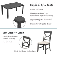 Dining Table Set, 6-Piece Wood Kitchen Table Set with Upholstered Bench and 4 Dining Chairs, Farmhouse Style Dining Room Set, Solid Wood Kitchen Dining Room Set for 4-6 Persons, Rustic Style, Gray