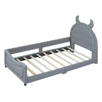 Lovely Teddy Fleece Twin Size Bed, Bed Frame with Side Fense, OX Horn Shaped Headboard, Upholstered Bed Frame of High Load-Bearing Capacity, Noise-Free, Gray