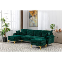 L Shaped Sectional Sofa Couch with Removable Ottoman, Velvet Sectional Couches for Living Room, Wooden Convertible Sectional Sofas with Rose Gold Metal Legs for Living Room, Apartment,Emerald