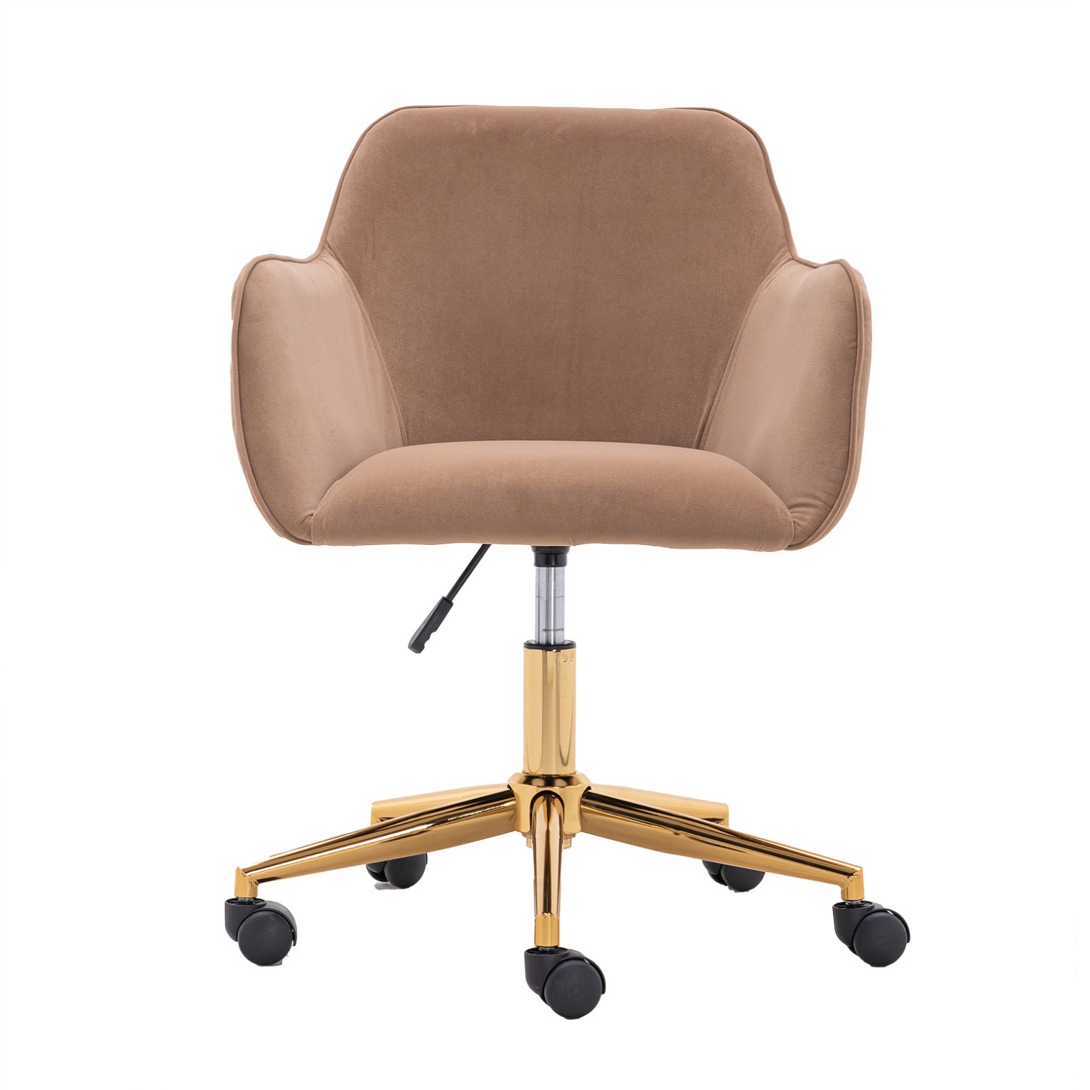 Adjustable Height 360 Revolving Home Office Chair, Soft Velvet Fabric Material Desk Chair with Gold Metal Legs and Universal Wheels, Modern Computer Chair for Indoor, Light Coffee