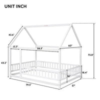 Full Size Floor House Bed with Roof, Kids Floor Bed with Full Length Fence, Playhouse Montessori Bed, Wooden Platform Bed Frame for Kids Teens Girls Boys, Box Spring Needed, White