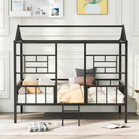 Full Size Metal House Bed Frame, Low Playhouse Loft Bed with Roof, Ladder and Guardrails, Slatted Support Bedroom Mattress Foundation for Teens Adults Girls and Boys, No Box Spring Needed, Black