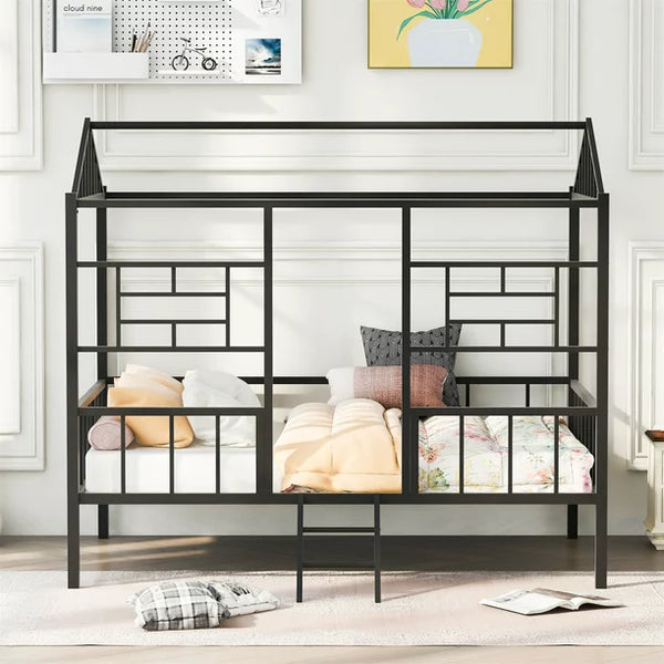 Full Size Metal House Bed Frame, Low Playhouse Loft Bed with Roof, Ladder and Guardrails, Slatted Support Bedroom Mattress Foundation for Teens Adults Girls and Boys, No Box Spring Needed, Black